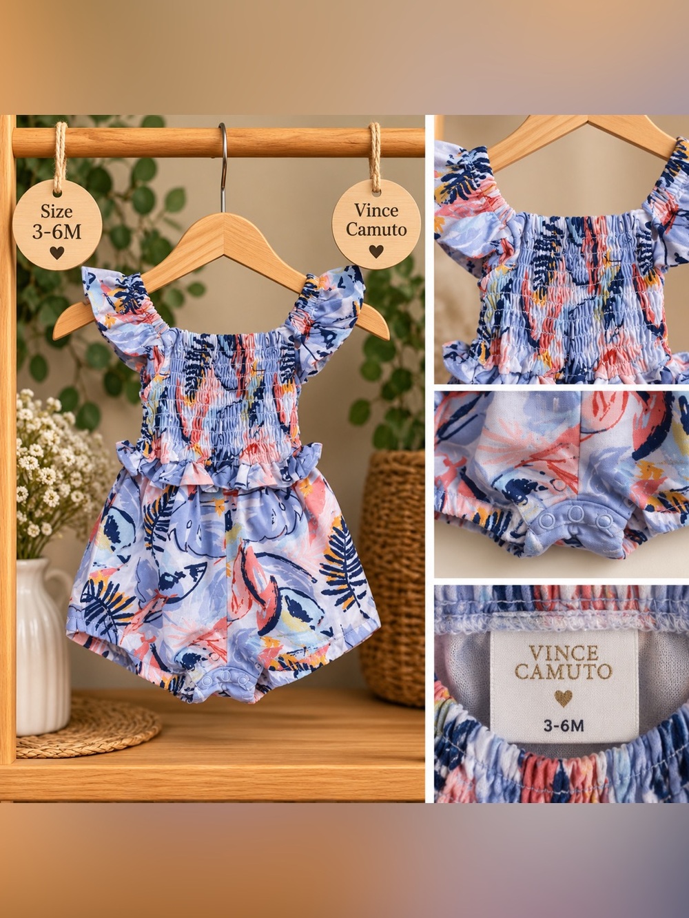 Vince Camuto Baby Girl Floral Smocked Romper 3–6M
